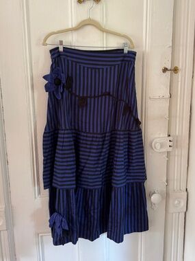 Samantha pleet black and blue striped midi skirt